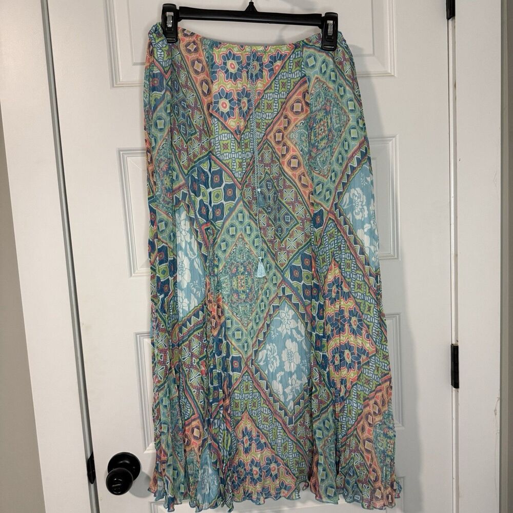 RUBY RD MAXI SKIRT, SIZE 18 A-LINE geometric floral patchwork print Pleated Boho